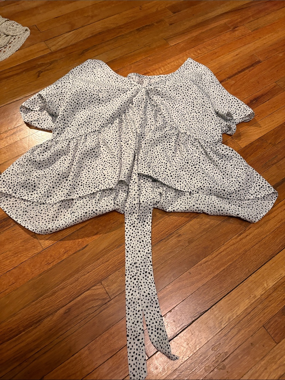 SHEIN White Blouse with Black Polka Dots Tie-Back Ruffle Top